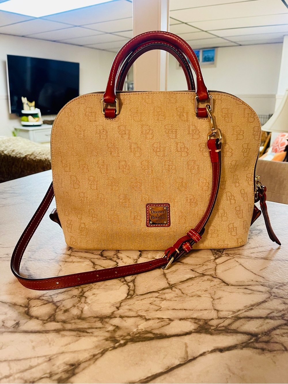 Dooney & Bourke Beige Satchel with Brown Trim and Lilac Flower Charm - Picture 10 of 15